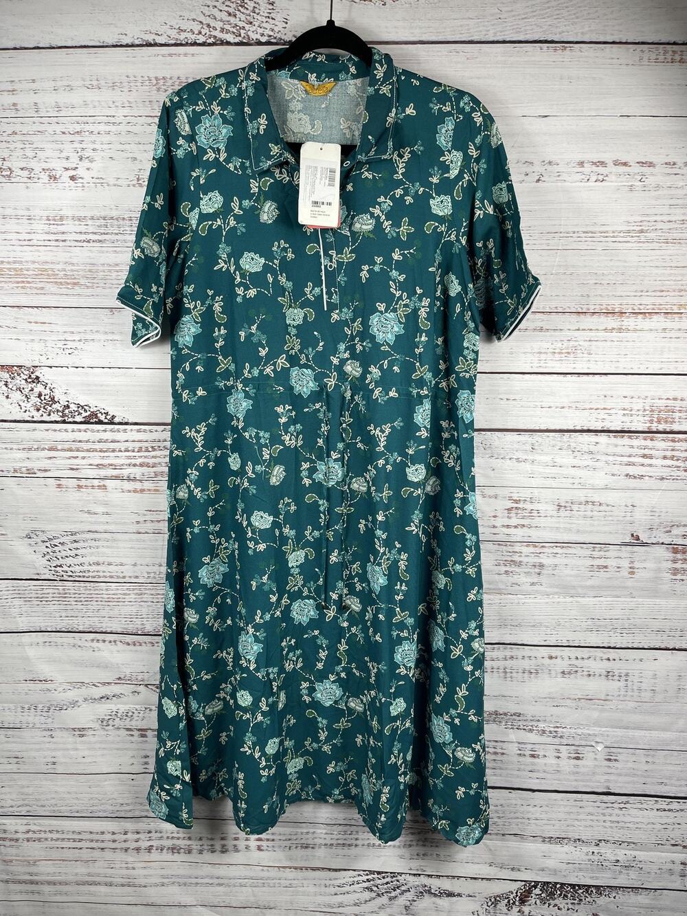 Aurelia Floral Shirt Dress Women's SZ L Teal Green Collared Short Sleeve Viscose